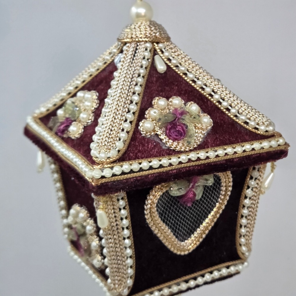 Vintage Handmade Beaded Pagoda Christmas Ornament Pearl Velvet Victorian Style